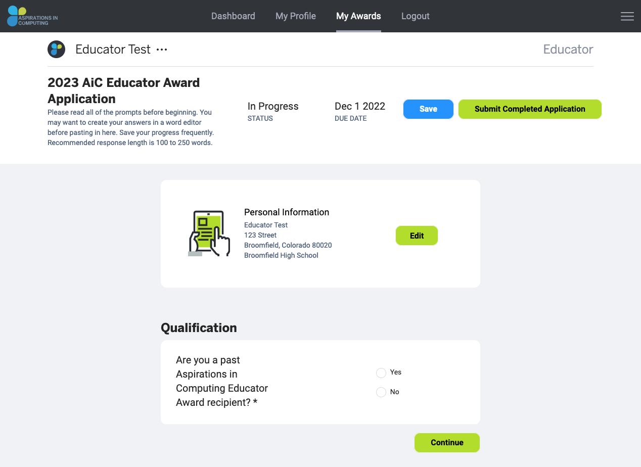 Screenshot of the 2023 AiC Educator Award Application section for qualifications