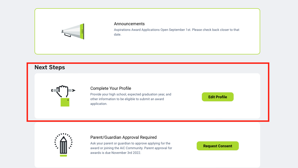 Screenshot of the Next Steps dashboard with the "Complete Your Profile" option outlined with a red rectangle. 