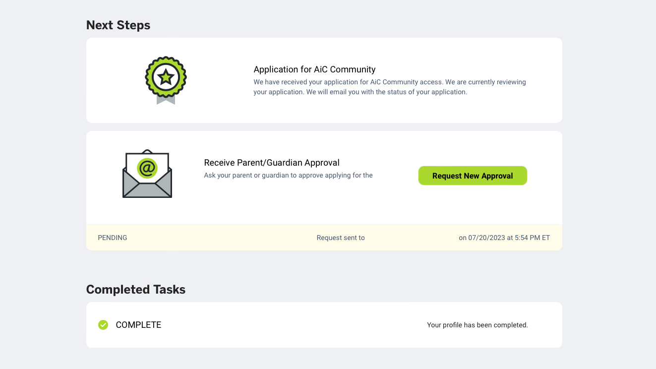 Screenshot of the Next Steps dashboard with the pending notice of a request sent to a parent or guardian visible and the profile task marked complete.