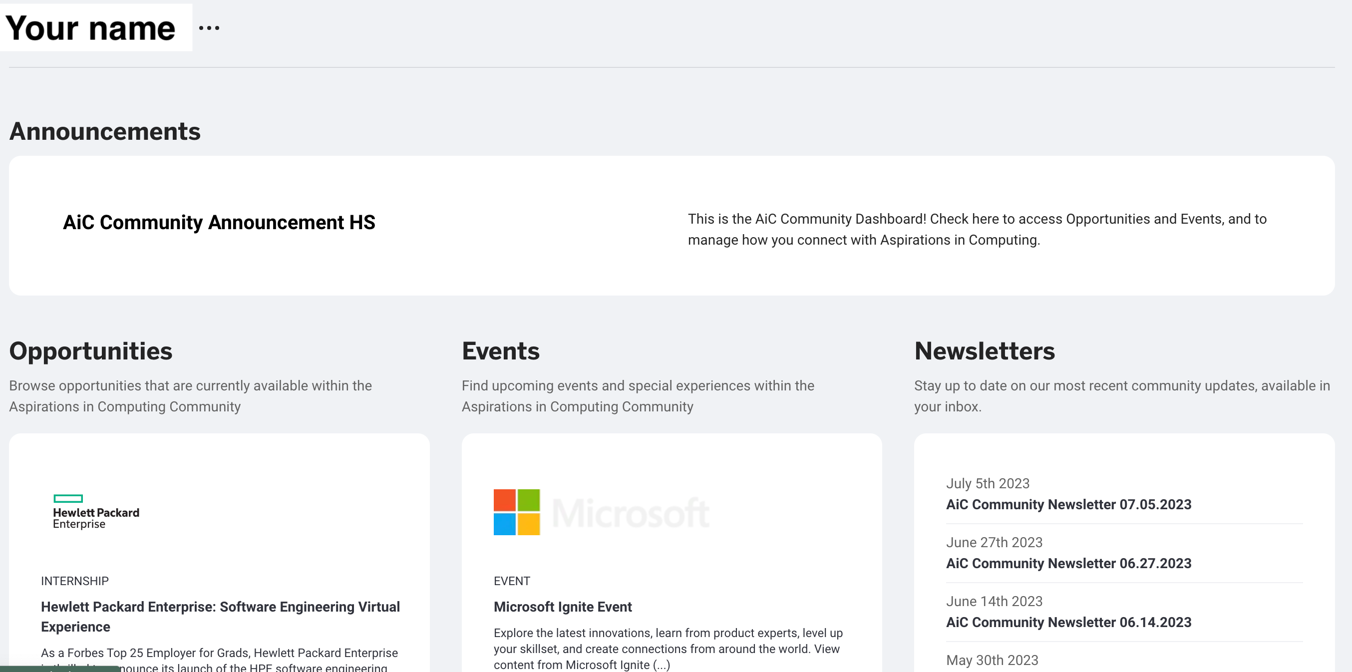 Screenshot of the AiC Community High School dashboard, which features opportunities, events, and newsletters. 