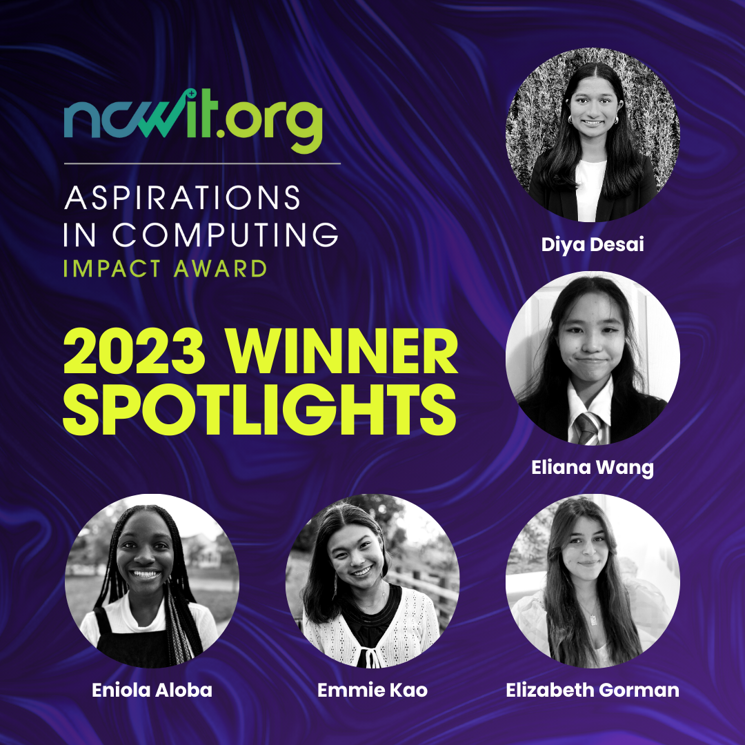 Cover image for Aspirations in Computing Impact Award recipient spotlight on Oct. 10, 2023, featuring grayscale photos and names of each winner represented and the text 2023 Winner Spotlights