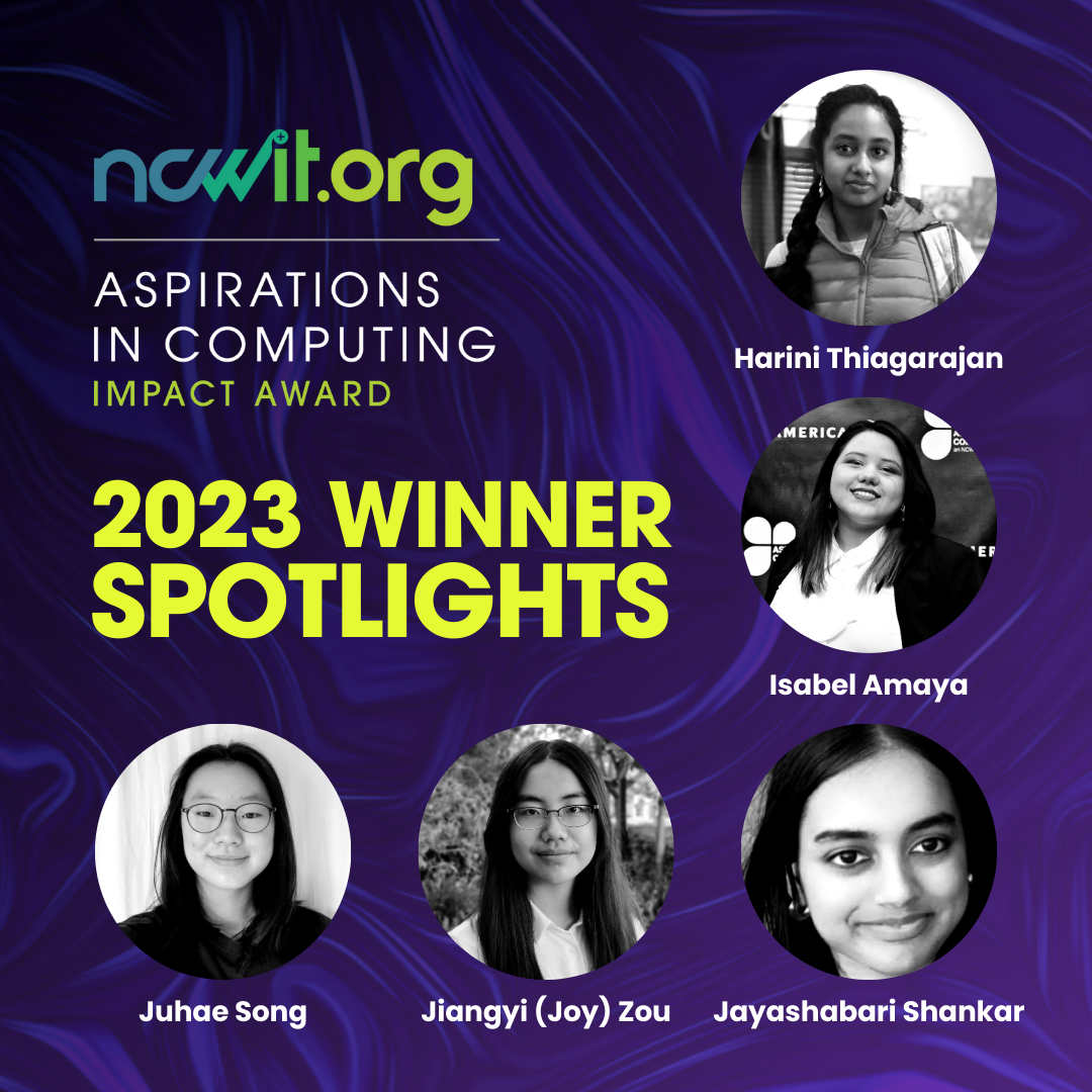Cover image for Aspirations in Computing Impact Award recipient spotlight on Oct. 12, 2023, featuring grayscale photos and names of each winner represented and the text 2023 Winner Spotlights