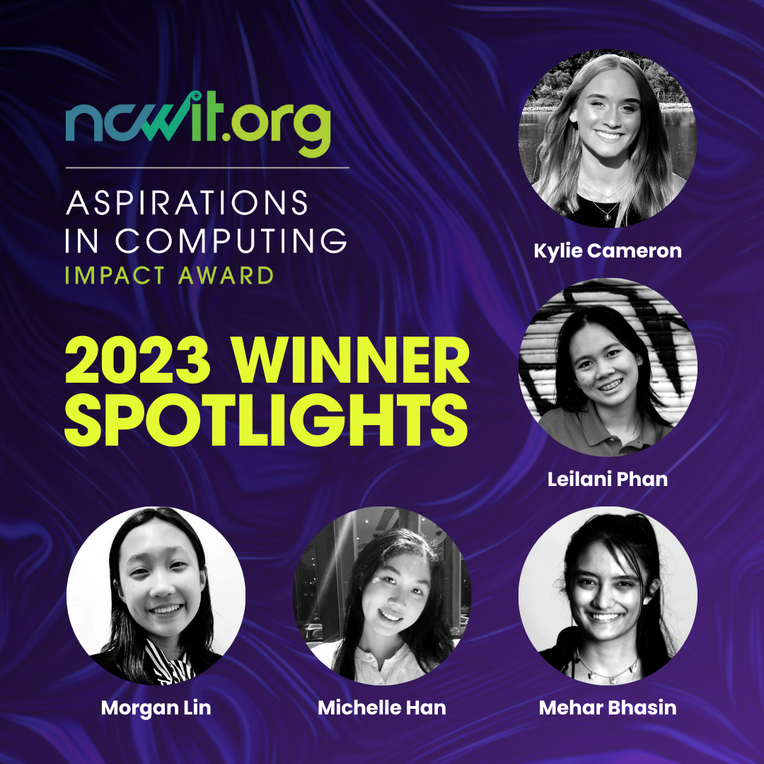 Cover image for Aspirations in Computing Impact Award recipient spotlight on Oct. 17, 2023, featuring grayscale photos and names of each winner represented and the text 2023 Winner Spotlights