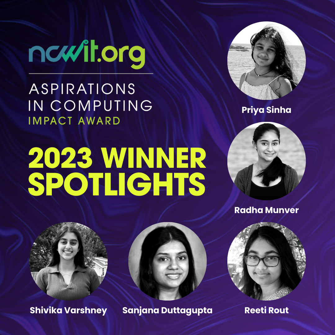 Cover image for Aspirations in Computing Impact Award recipient spotlight on Oct. 25, 2023, featuring grayscale photos and names of each winner represented and the text 2023 Winner Spotlights