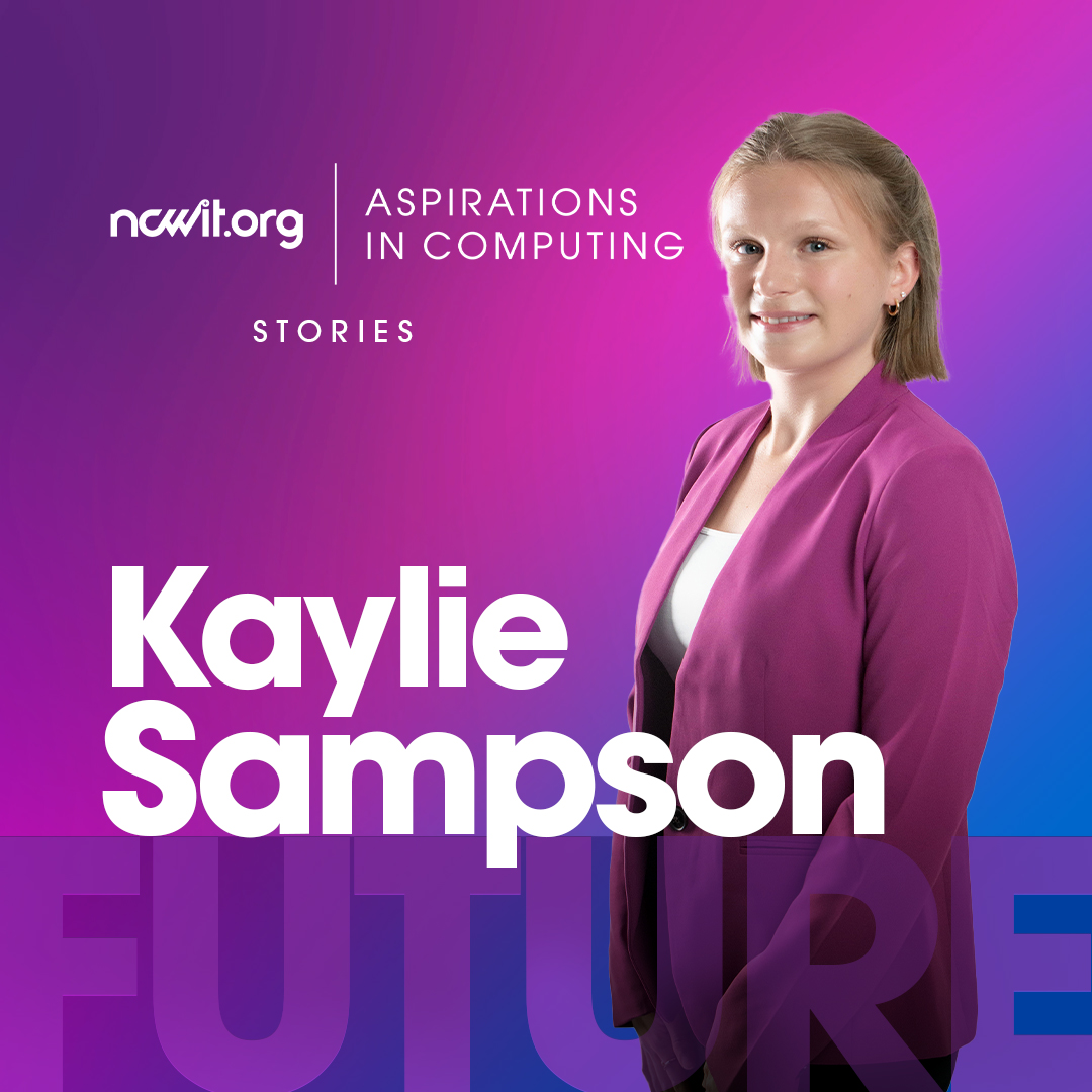 A design promoting AiC Stories Ambassador Gia Ramos, includes a photo of Kaylie smiling at the camera in front of a stylized purple gradient